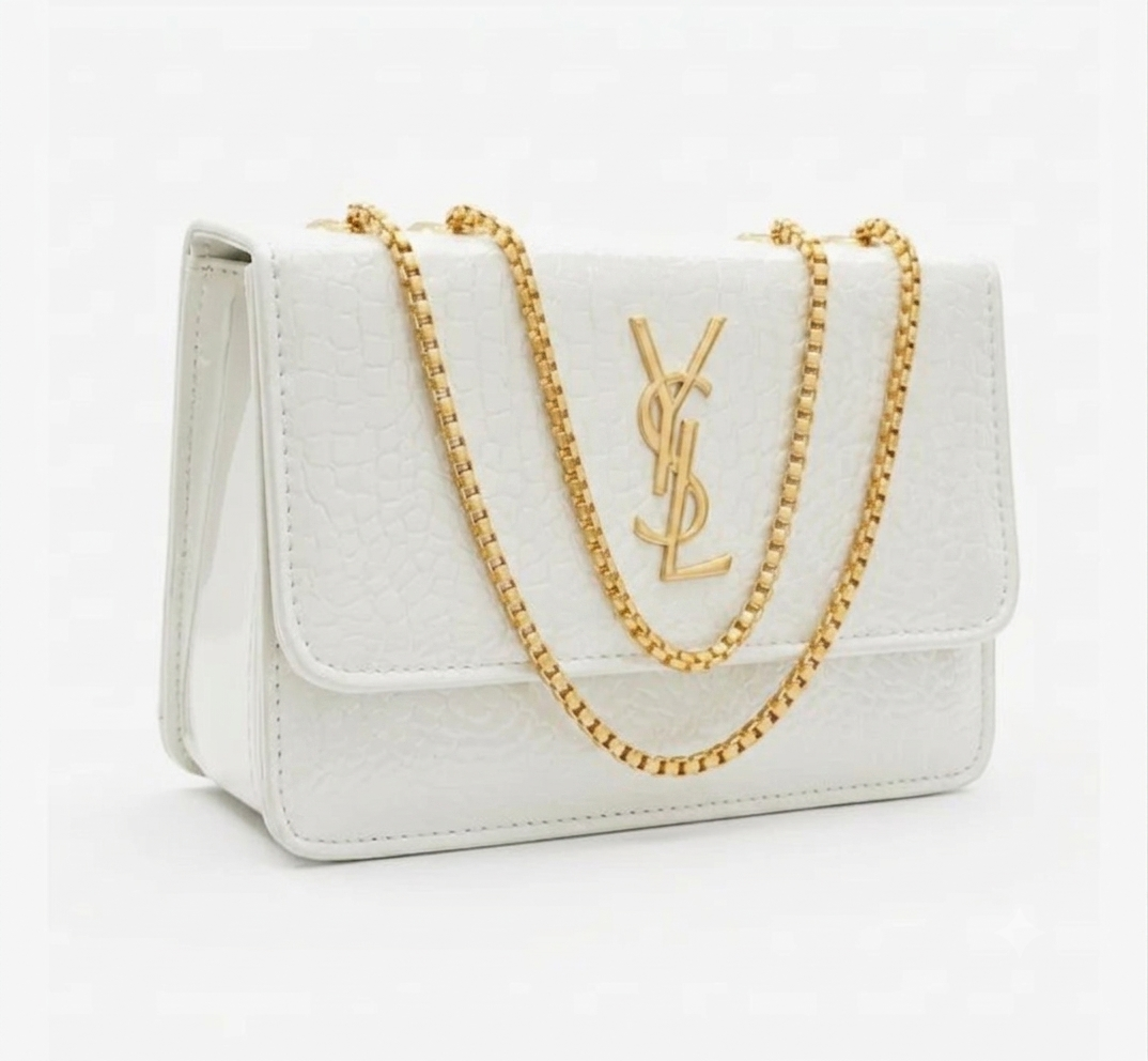 Structured Luxury-Style Crossbody Bag with Gold Chain Strap - Textured Finish