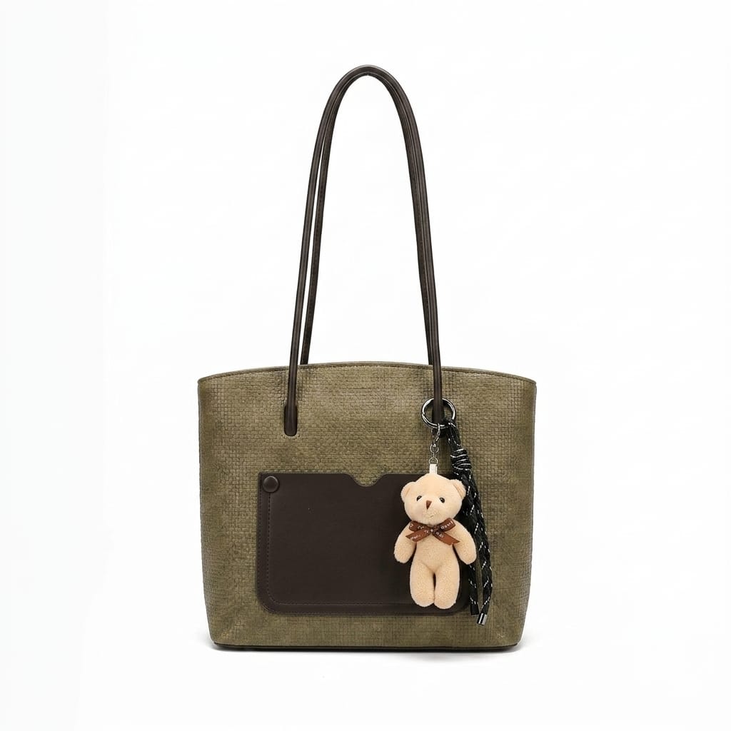 Elegant Textured Tote Bag with Cute Bear Keychain & Front Pocket