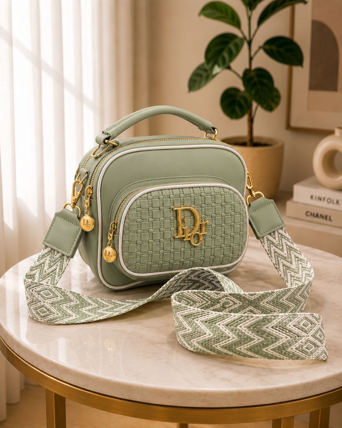 Premium Luxury Quilted Crossbody Bag for Women – Modern Double-Zipper Shoulder Bag with Wide Printed Strap