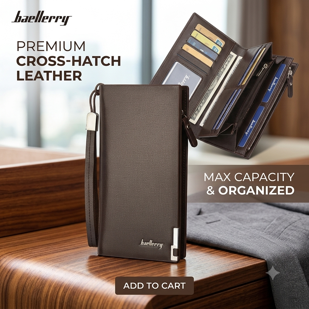 Baellerry Premium Cross-Hatch Leather Long Wallet | Max Capacity Organizer Clutch