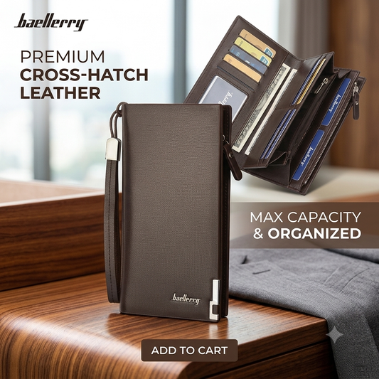 Baellerry Premium Cross-Hatch Leather Long Wallet | Max Capacity Organizer Clutch
