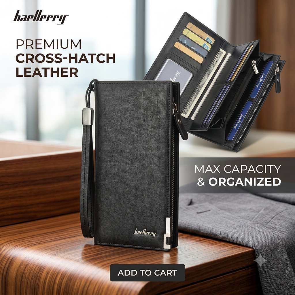 Baellerry Premium Cross-Hatch Leather Long Wallet | Max Capacity Organizer Clutch