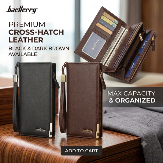 Baellerry Premium Cross-Hatch Leather Long Wallet | Max Capacity Organizer Clutch