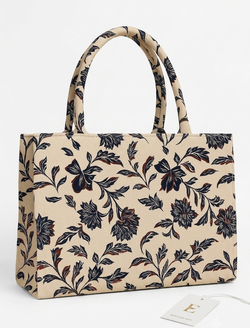 Premium Canvas Tote Bag – Vintage Floral & Geometric Aesthetic Shoulder Bag