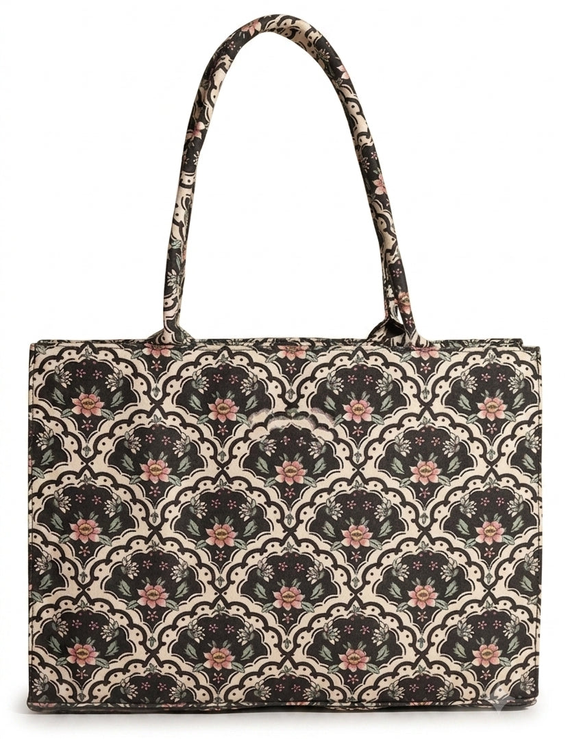 Premium Canvas Tote Bag – Vintage Floral & Geometric Aesthetic Shoulder Bag