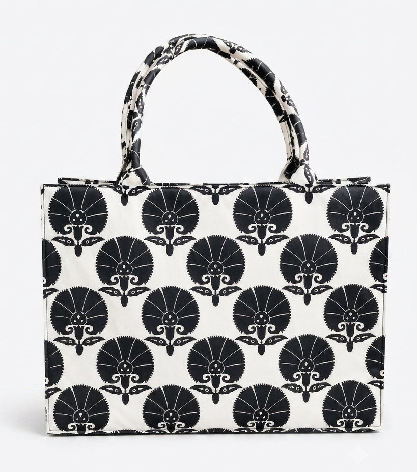 Premium Canvas Tote Bag – Vintage Floral & Geometric Aesthetic Shoulder Bag