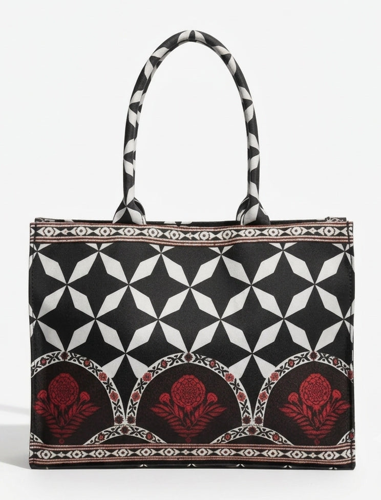 Premium Canvas Tote Bag – Vintage Floral & Geometric Aesthetic Shoulder Bag