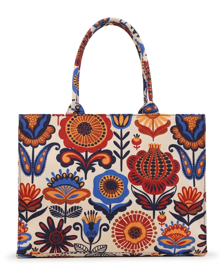Premium Canvas Tote Bag – Vintage Floral & Geometric Aesthetic Shoulder Bag