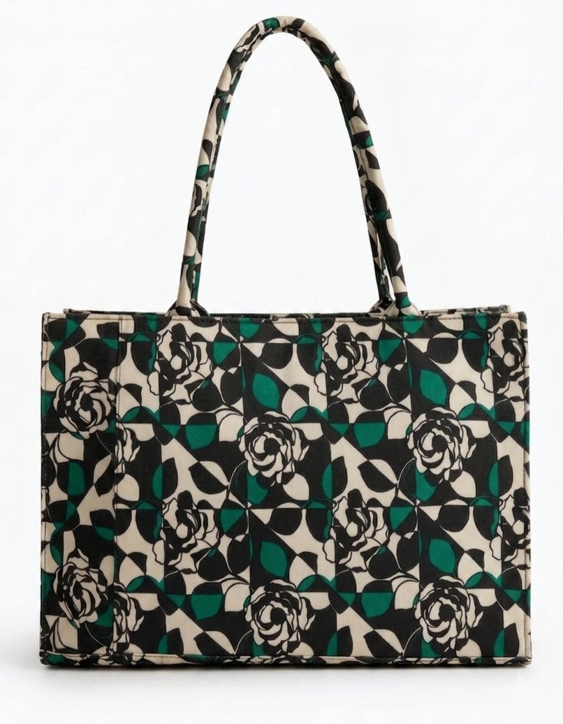 Premium Canvas Tote Bag – Vintage Floral & Geometric Aesthetic Shoulder Bag