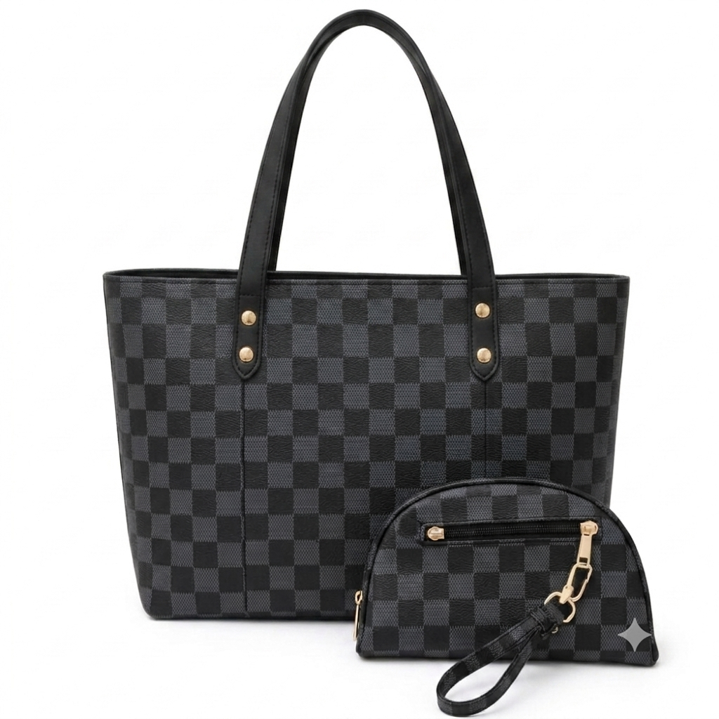 Luxury Checkered Tote Bag Set with Matching Pouch - 2-Piece Shoulder Bag & Wristlet Set