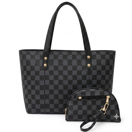 Luxury Checkered Tote Bag Set with Matching Pouch - 2-Piece Shoulder Bag & Wristlet Set