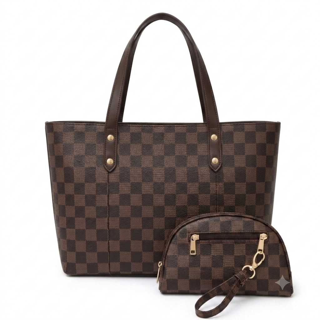 Luxury Checkered Tote Bag Set with Matching Pouch - 2-Piece Shoulder Bag & Wristlet Set