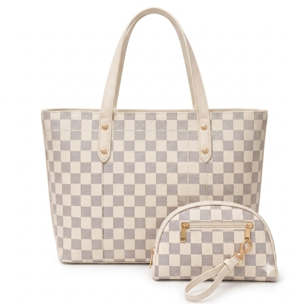 Luxury Checkered Tote Bag Set with Matching Pouch - 2-Piece Shoulder Bag & Wristlet Set