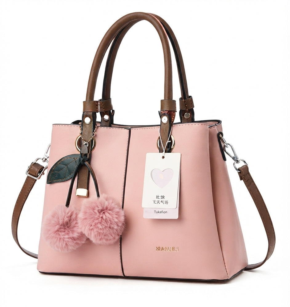 Premium Elegant Handbag with Playful Pom-Pom Charm