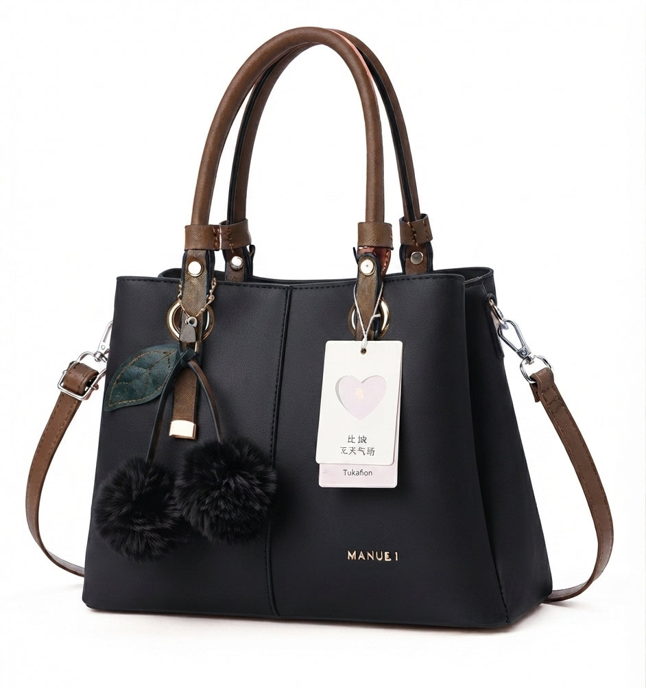 Premium Elegant Handbag with Playful Pom-Pom Charm