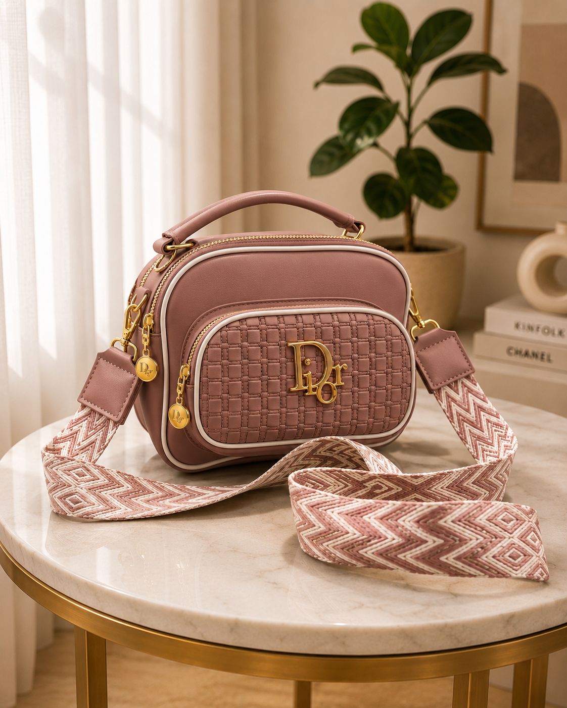 Premium Luxury Quilted Crossbody Bag for Women – Modern Double-Zipper Shoulder Bag with Wide Printed Strap