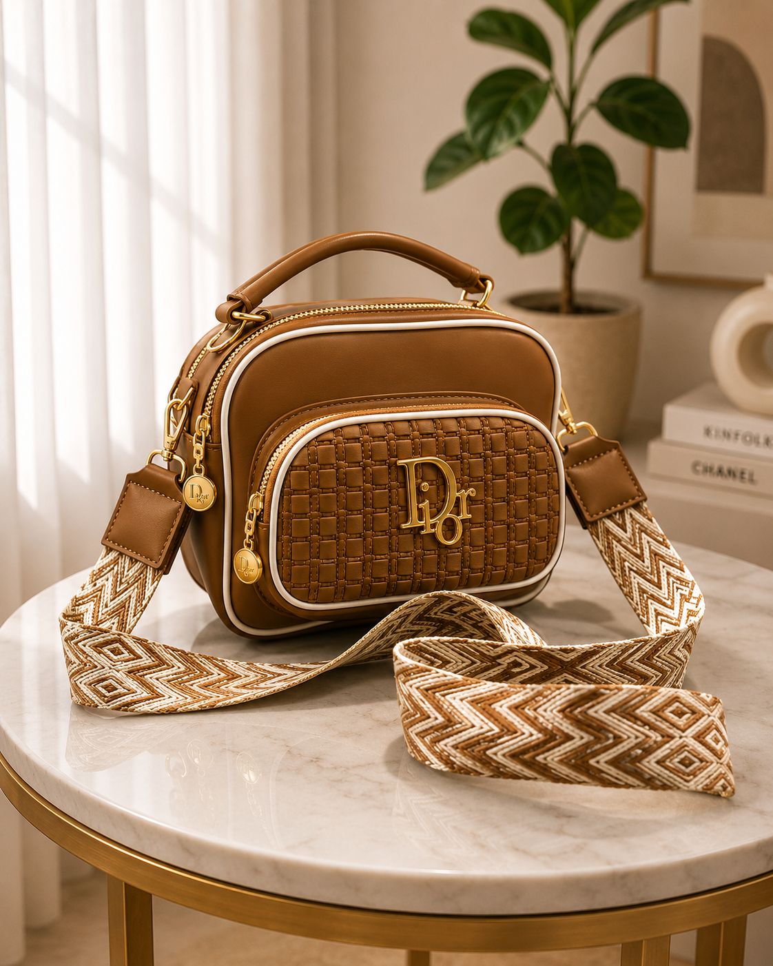 Premium Luxury Quilted Crossbody Bag for Women – Modern Double-Zipper Shoulder Bag with Wide Printed Strap