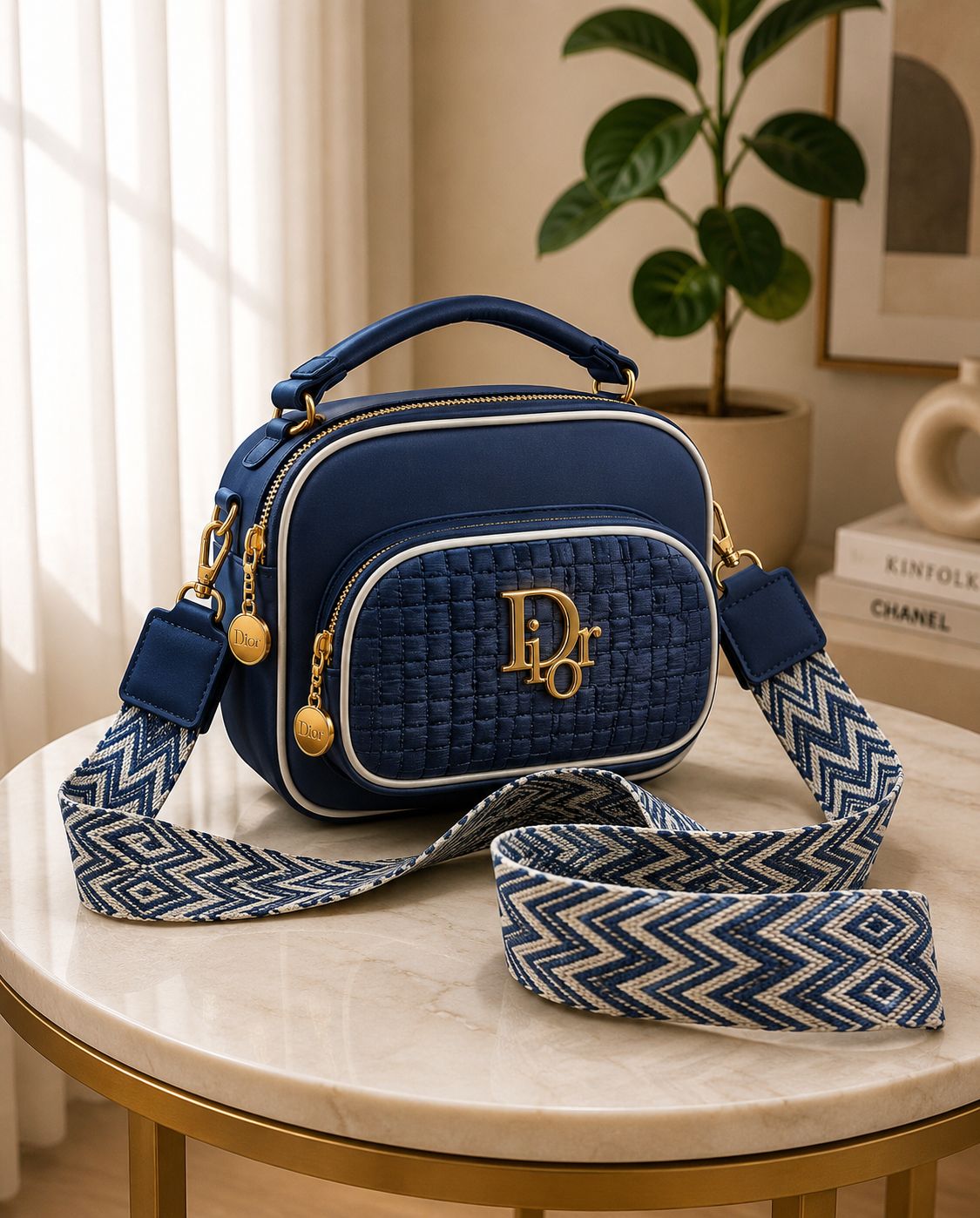 Premium Luxury Quilted Crossbody Bag for Women – Modern Double-Zipper Shoulder Bag with Wide Printed Strap