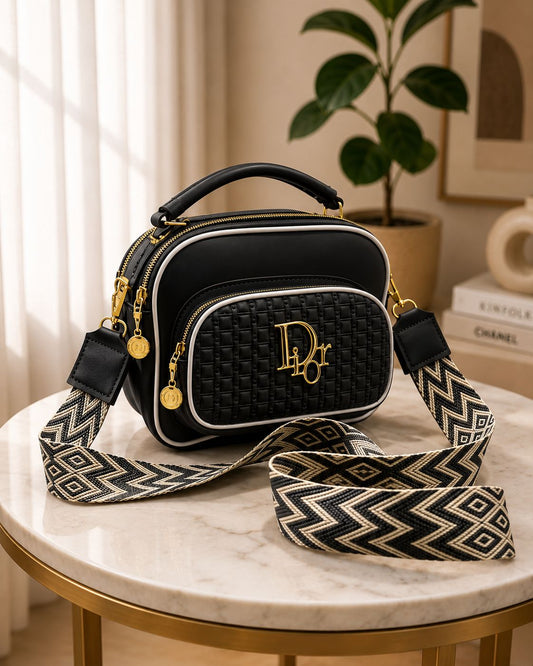 Premium Luxury Quilted Crossbody Bag for Women – Modern Double-Zipper Shoulder Bag with Wide Printed Strap