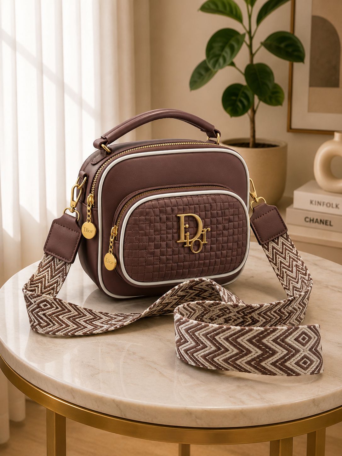 Premium Luxury Quilted Crossbody Bag for Women – Modern Double-Zipper Shoulder Bag with Wide Printed Strap