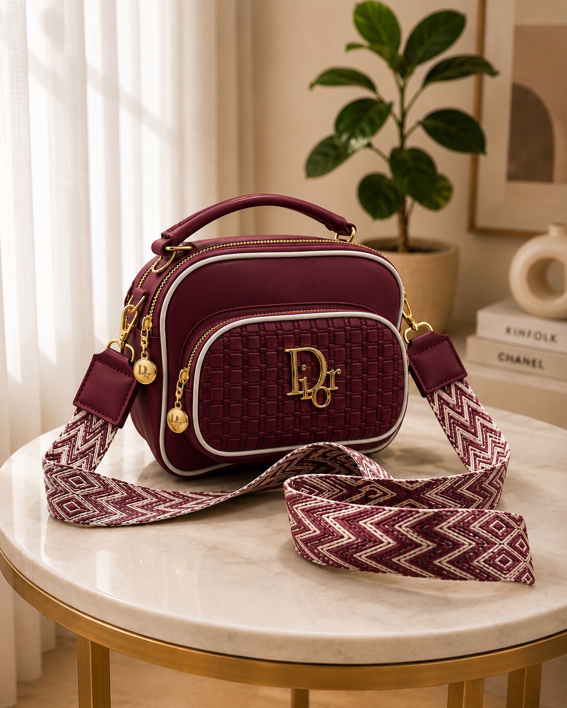 Premium Luxury Quilted Crossbody Bag for Women – Modern Double-Zipper Shoulder Bag with Wide Printed Strap