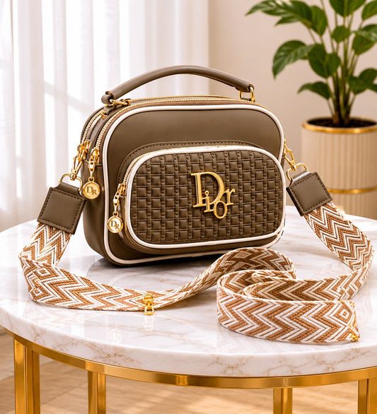 Premium Luxury Quilted Crossbody Bag for Women – Modern Double-Zipper Shoulder Bag with Wide Printed Strap