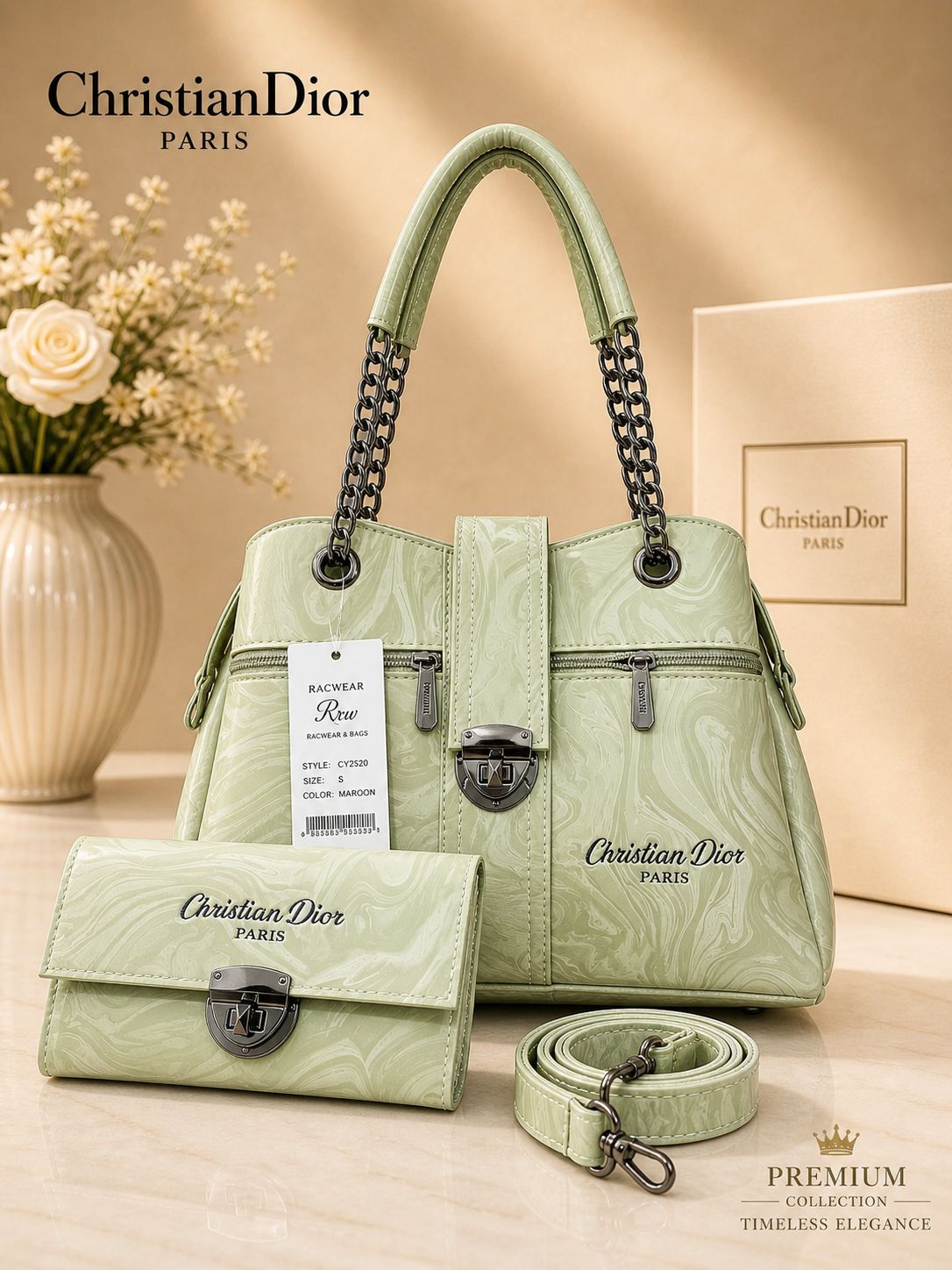 Premium Marble-Effect Designer Style Shoulder Bag and Matching Wallet Set