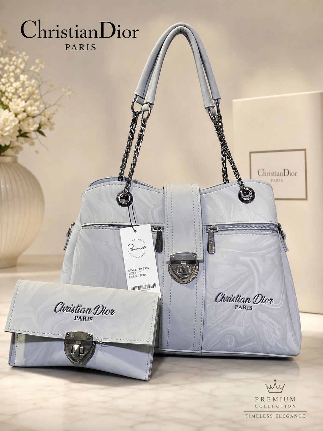 Premium Marble-Effect Designer Style Shoulder Bag and Matching Wallet Set