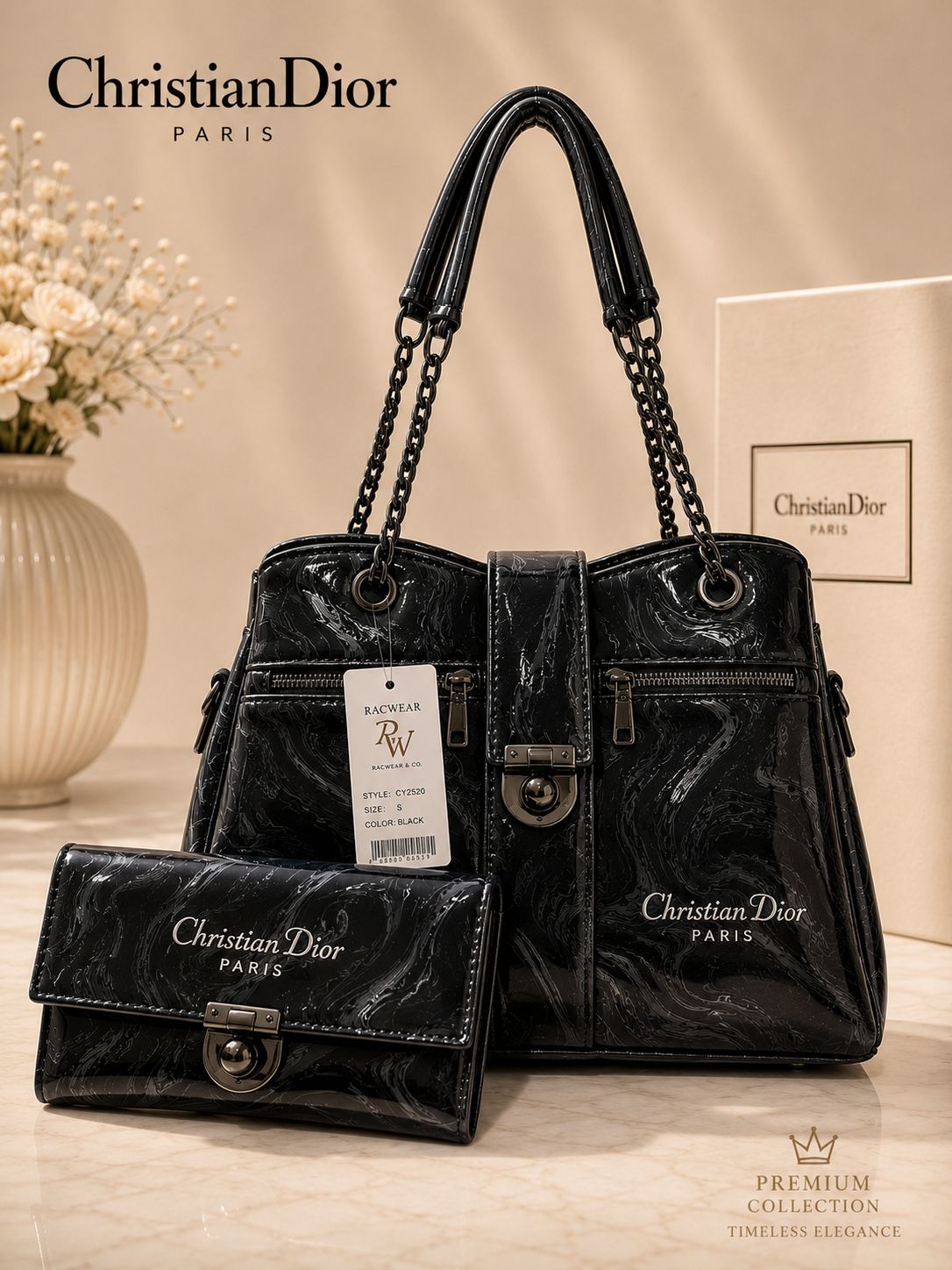 Premium Marble-Effect Designer Style Shoulder Bag and Matching Wallet Set
