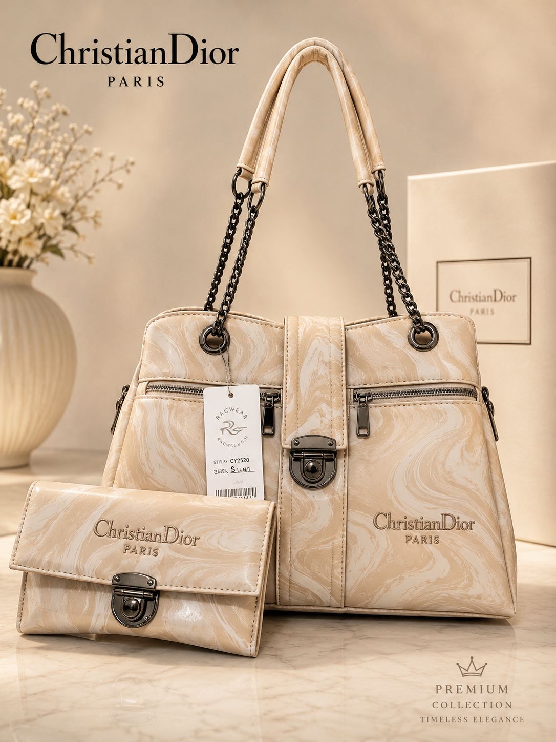Premium Marble-Effect Designer Style Shoulder Bag and Matching Wallet Set