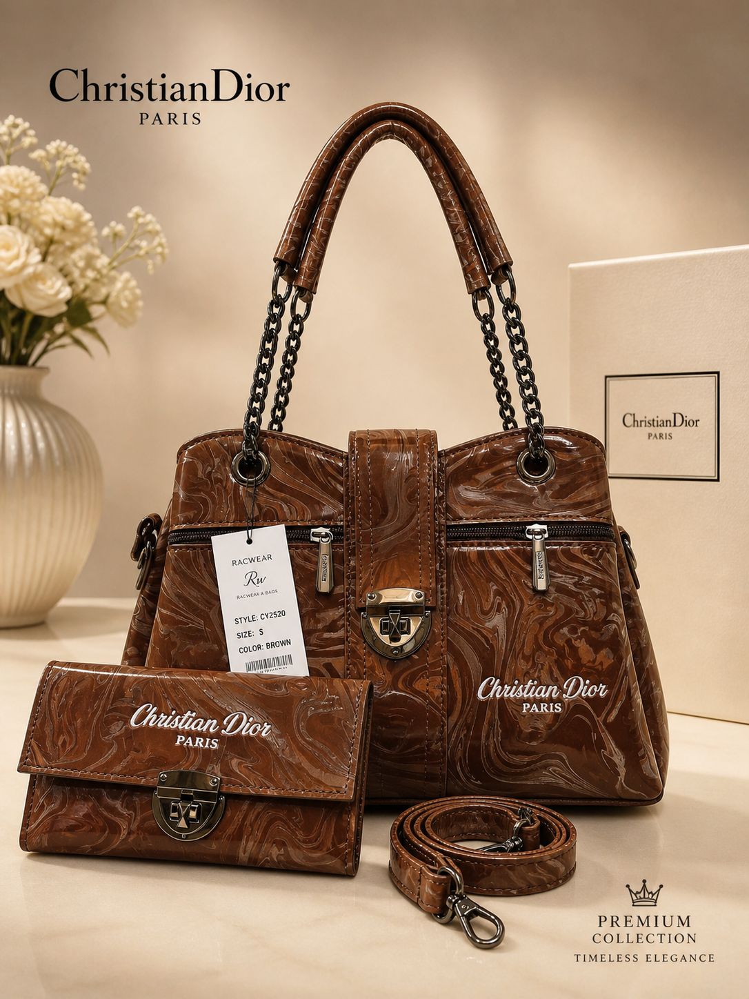 Premium Marble-Effect Designer Style Shoulder Bag and Matching Wallet Set