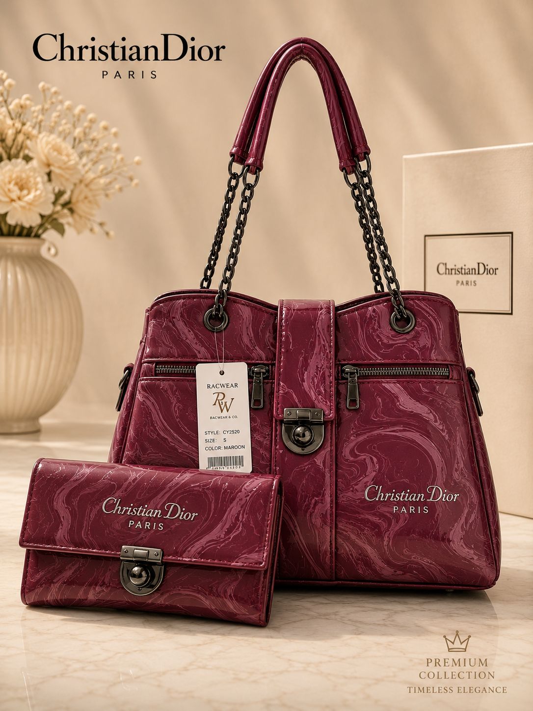 Premium Marble-Effect Designer Style Shoulder Bag and Matching Wallet Set