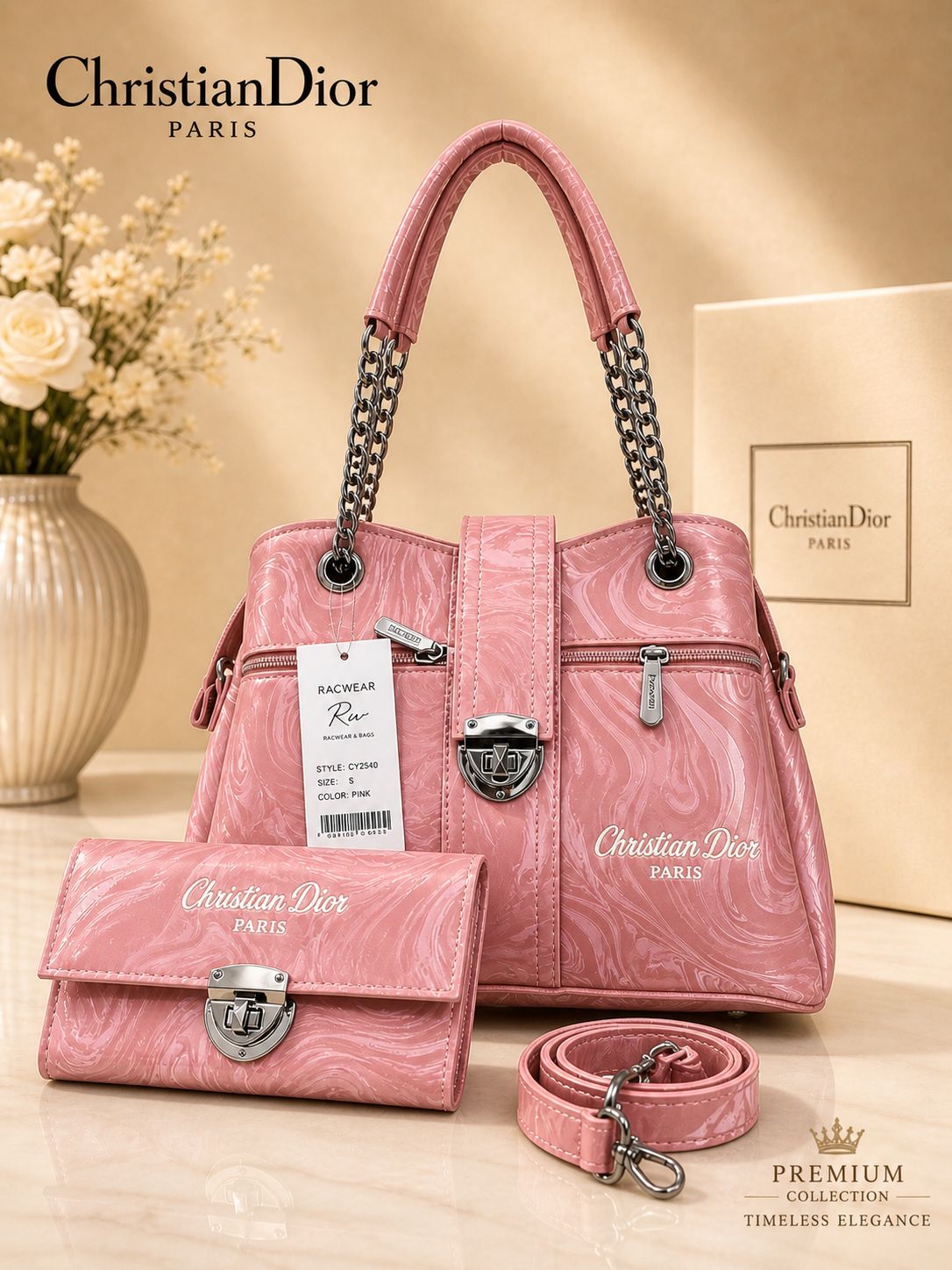 Premium Marble-Effect Designer Style Shoulder Bag and Matching Wallet Set