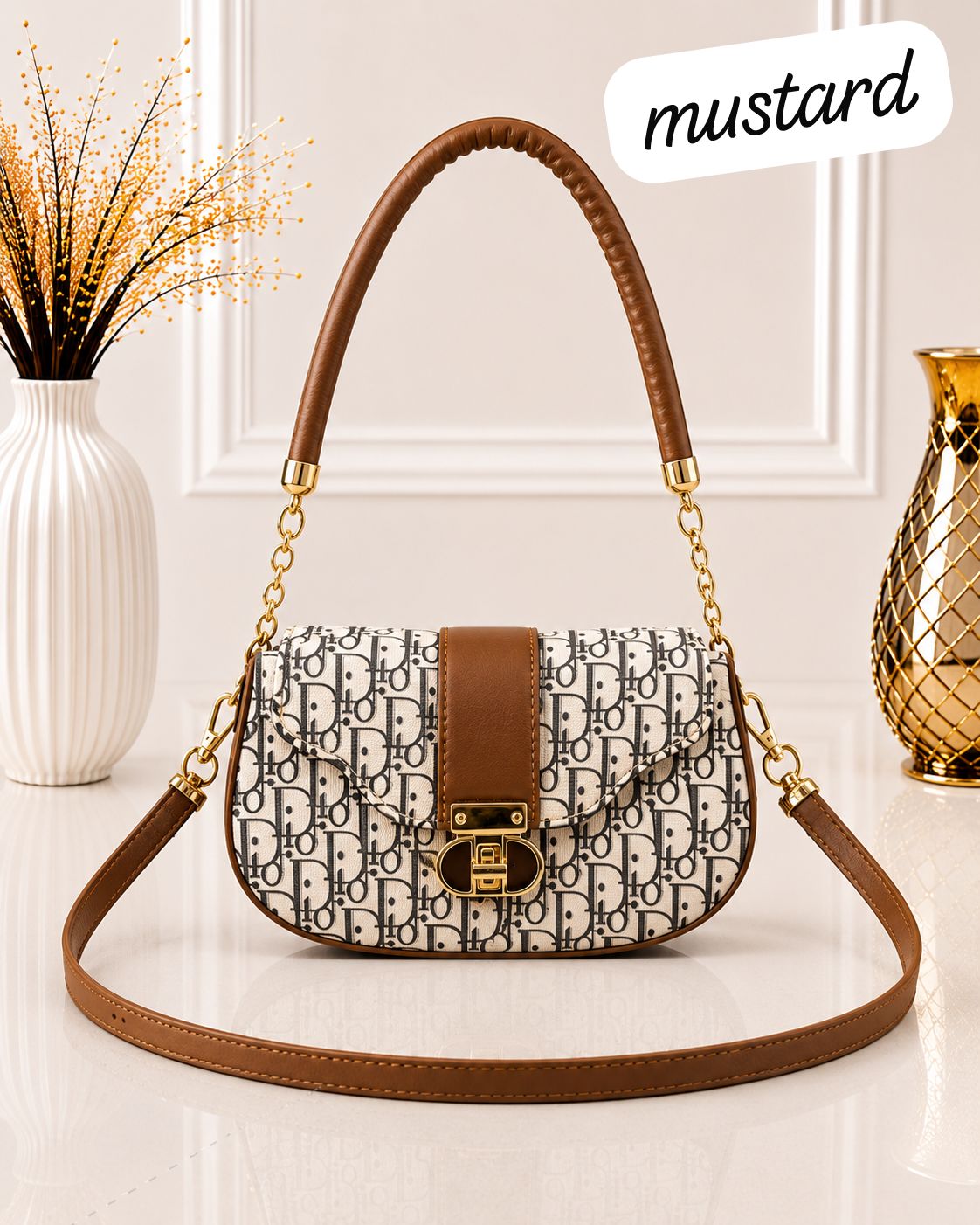 Luxury Monogram Print Shoulder Bag with Gold Chain Link Accent