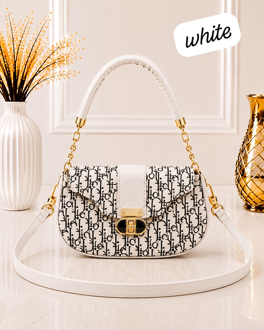 Luxury Monogram Print Shoulder Bag with Gold Chain Link Accent