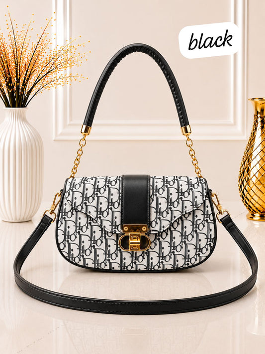 Luxury Monogram Print Shoulder Bag with Gold Chain Link Accent