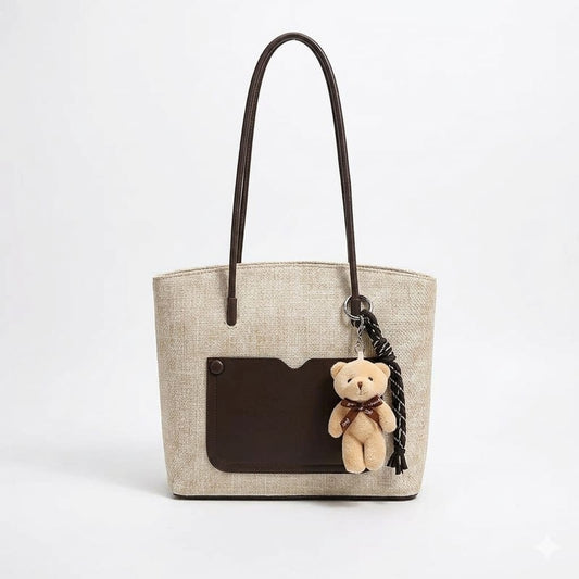 Elegant Textured Tote Bag with Cute Bear Keychain & Front Pocket