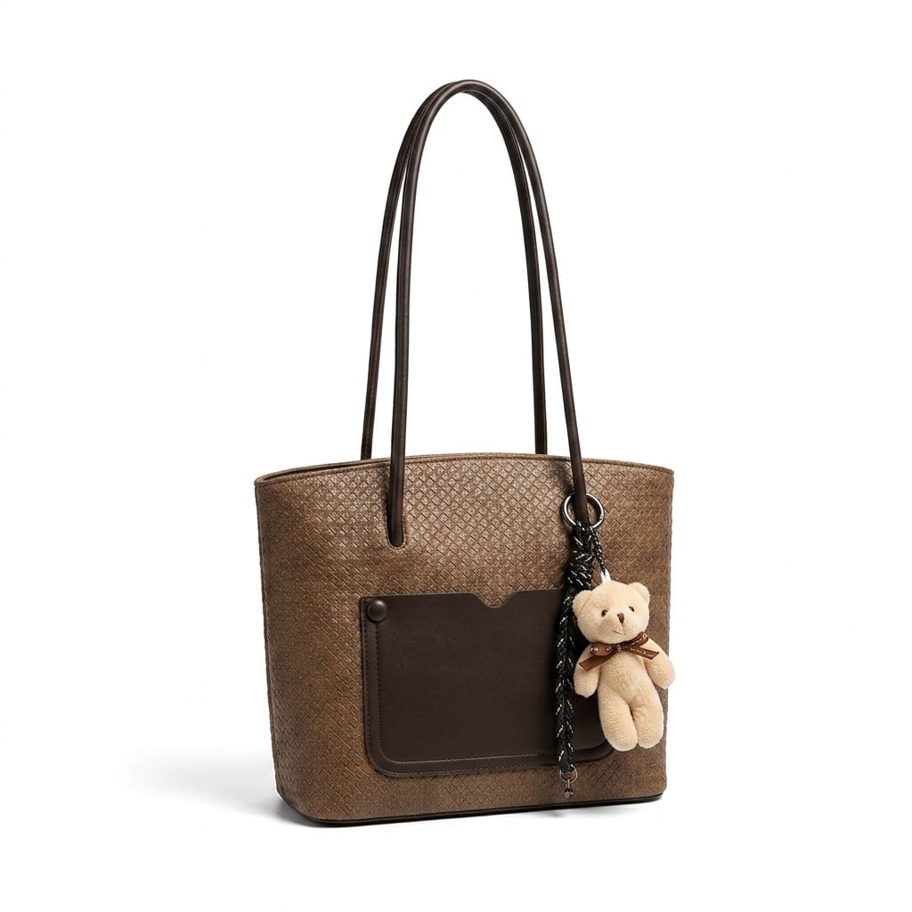 Elegant Textured Tote Bag with Cute Bear Keychain & Front Pocket
