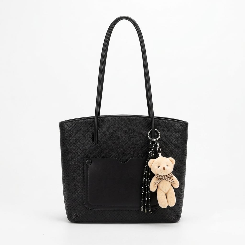 Elegant Textured Tote Bag with Cute Bear Keychain & Front Pocket