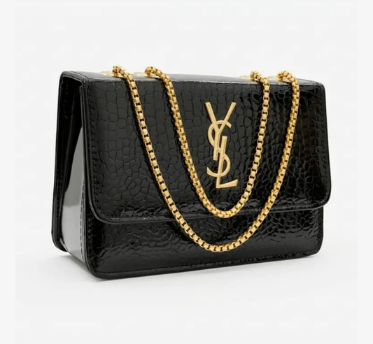 Structured Luxury-Style Crossbody Bag with Gold Chain Strap - Textured Finish